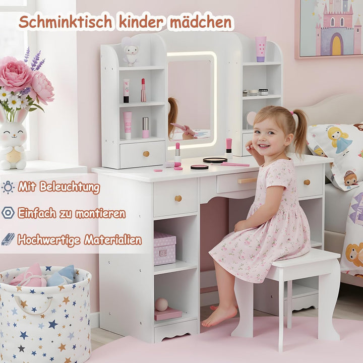Clevich Schminktisch Kinder Set, Kinderschminktisch mit LED Beleuchtung, 5 Schubladen, 10 Staufächer