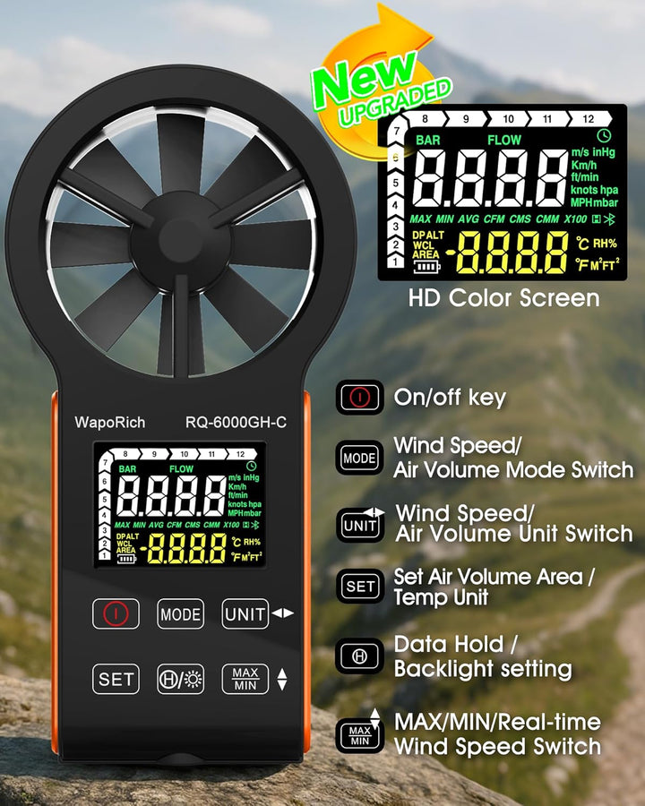 CFM Anemometer Windmesser mit Touchscreen, WapoRich Wiederaufladbares Luftstrommessgerät 0~999900 CF