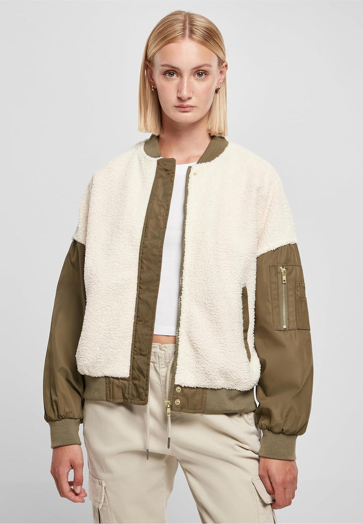 Urban Classics Damen Ladies Oversized Sherpa Mixed Bomber Jacket M whitesand/darkolive, M whitesand/