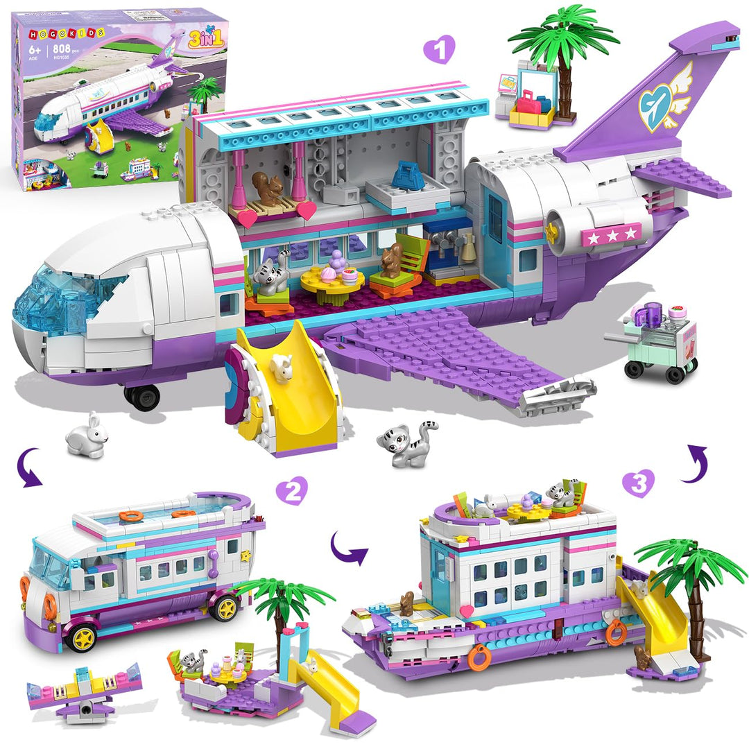 HOGOKIDS 3-in-1 Friends Flugzeug Bauspielzeug Set - 808pcs Flugzeug/Boot/Wohnmobil VanBausteine Spie