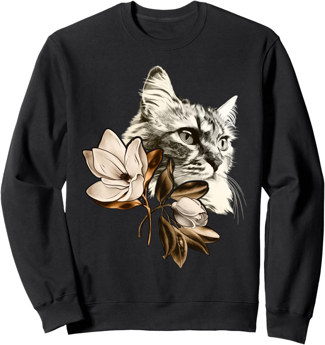 Schöne Katze mit Magnolien Blumen, Floral Sweatshirt