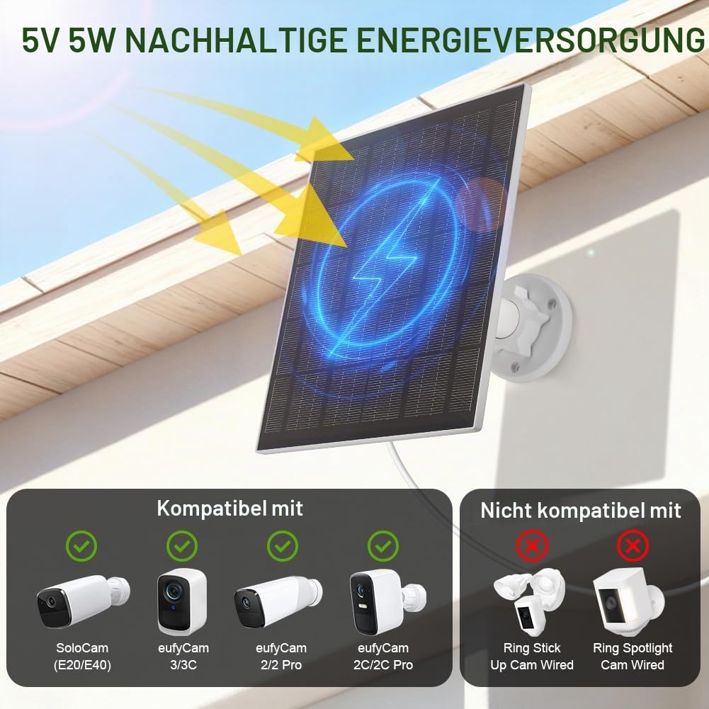 URAQT 2 Pack Solarpanel für Eufy kamera, 5W Kamera Solarpanel Kompatibel mit Eufycam, Solarmodul für