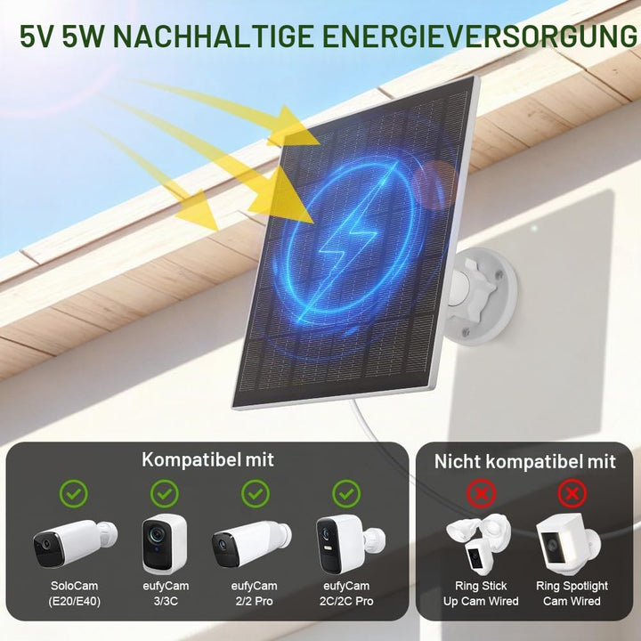 URAQT 2 Pack Solarpanel für Eufy kamera, 5W Kamera Solarpanel Kompatibel mit Eufycam, Solarmodul für