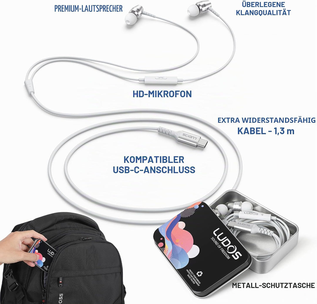 LUDOS OMNITONE USB C Kopfhörer, 5 Jahre Garantie für iPhone 16 15 Pro Max Plus Samsung Galaxy S24 S2