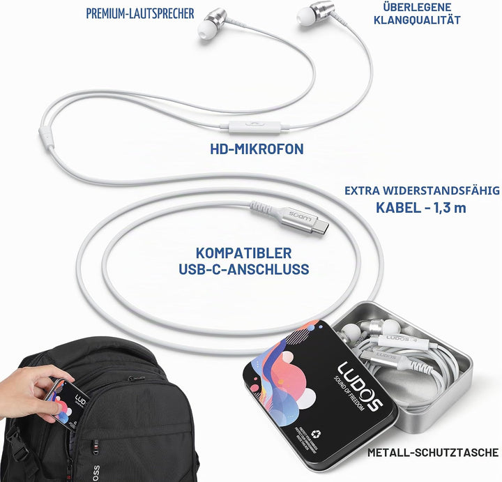 LUDOS OMNITONE USB C Kopfhörer, 5 Jahre Garantie für iPhone 16 15 Pro Max Plus Samsung Galaxy S24 S2