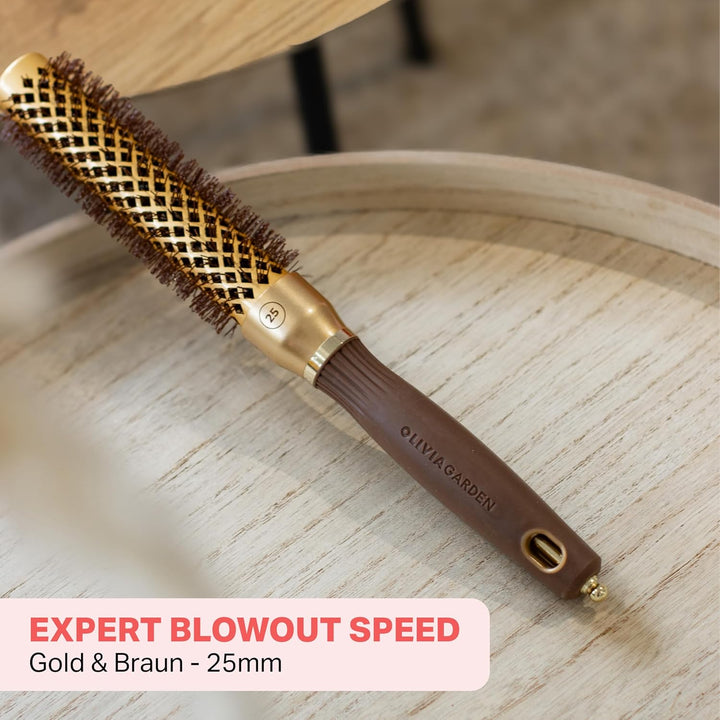 Olivia Garden Expert Blowout Speed – Gold & Braun - 25 - Keramik-Rundbürste mit extra langem Barrel
