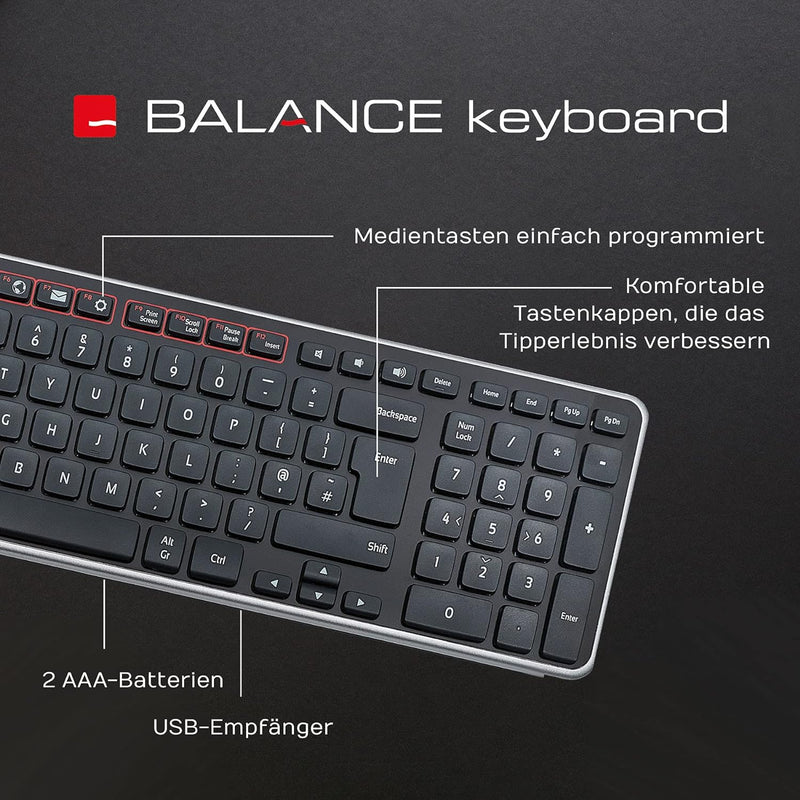 Contour Balance Keyboard | Bluetooth Tastatur kabellos mit USB Dongle| QWERTZ Layout | Super Flache