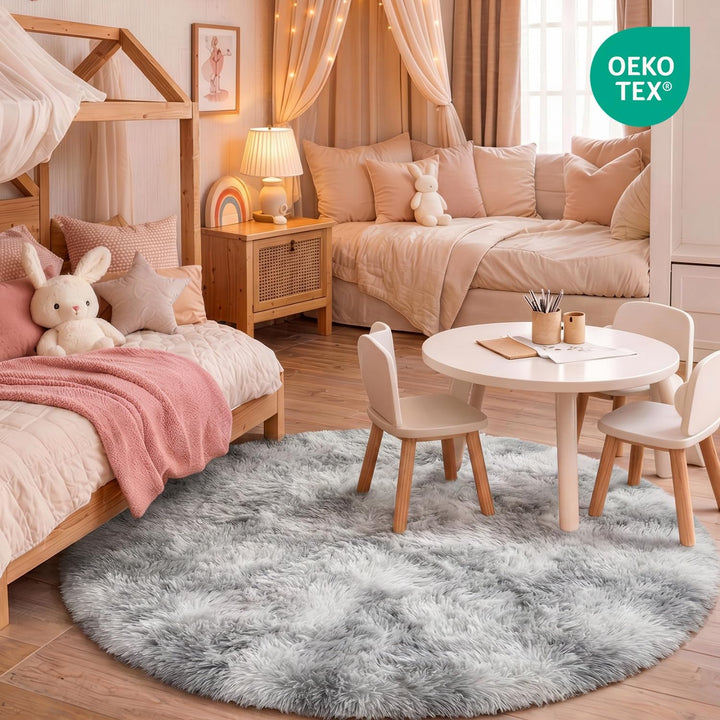 Teppich Rund Wohnzimmer 150 cm Hellgrau Schlafzimmer Hochflor-Teppich Waschbarer Anti-Rutsch Weicher