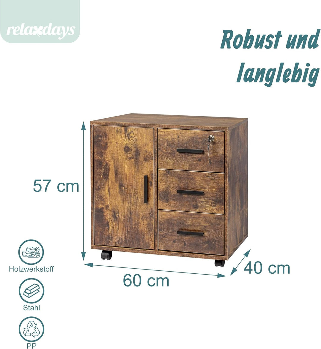 Relaxdays Rollcontainer, 3 Schubladen, 2 Türfächer, HxBxT: 57 x 60 x 40 cm, abschliessbar, Aktenroll
