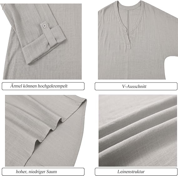 Tincini Leinenbluse Damen Musselin Bluse Sommer Longshirt Blusen Tuniken für Damen Longbluse Hemdblu