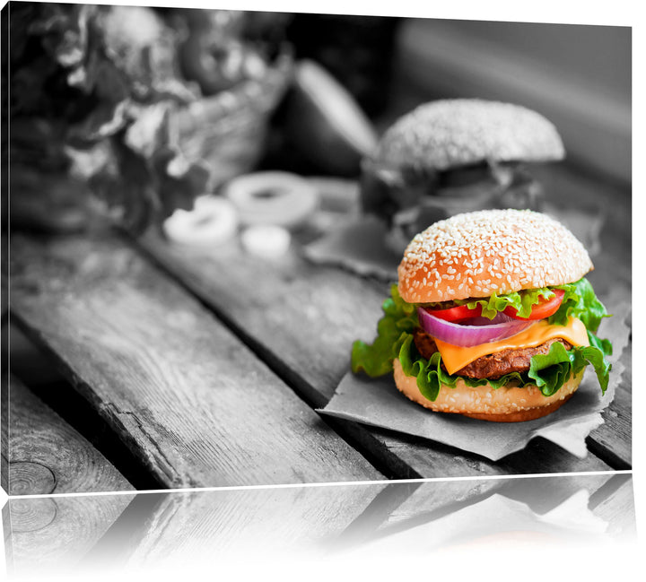 Pixxprint Leckere Burger als Leinwandbild/Grösse: 100x70 / Wandbild/Kunstdruck/fertig bespannt, 100x