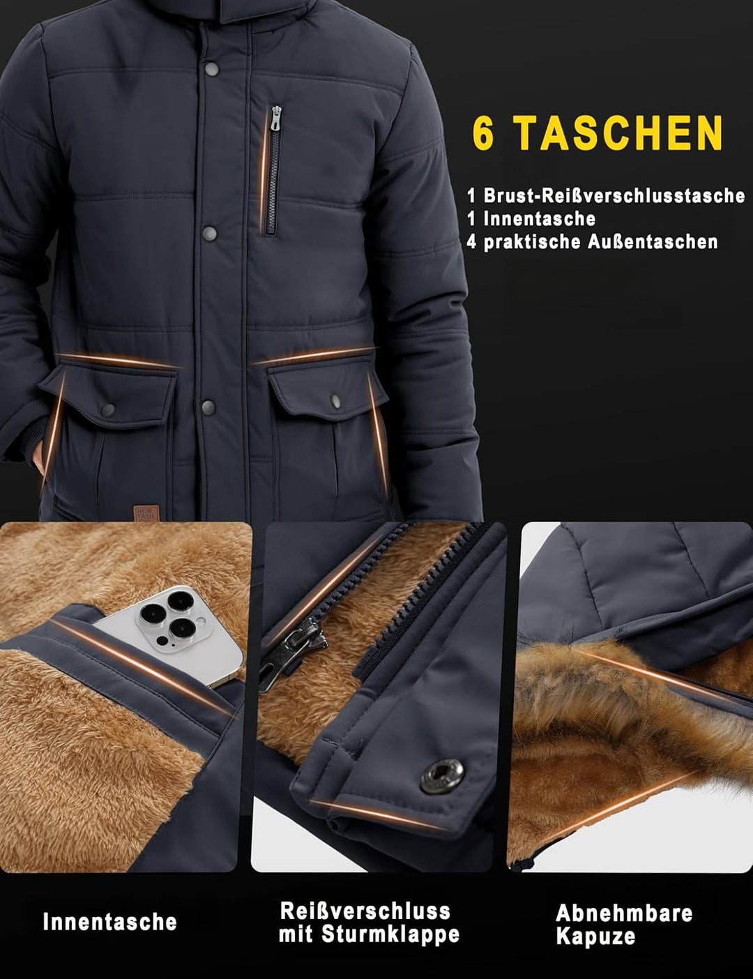 MAGCOMSEN Herren Winter Parka Jacke Winddicht Outdoor Warme Fleecejacke Freizeit Übergangsjacke Wass