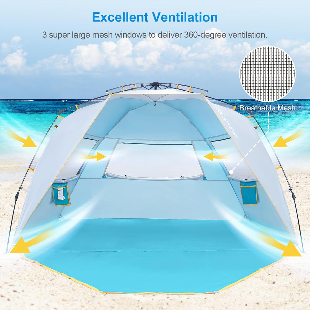 Wolfwise Strandmuschel mit Schnellaufbau für 6-7 Personen – UV-Schutz 50+, Wasserabweisend, Privater