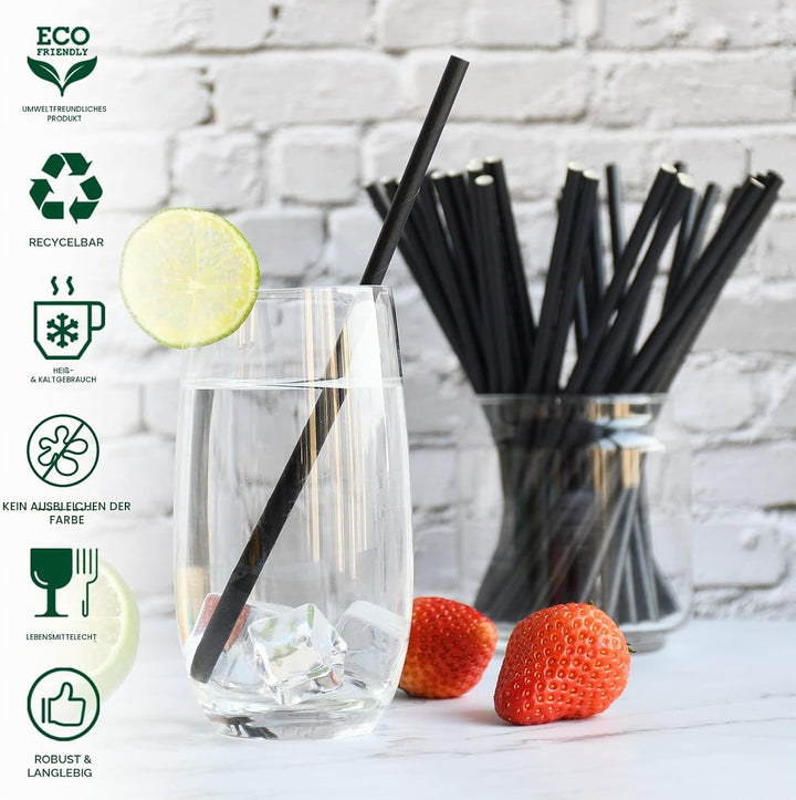 1000 Stück schwarze Papiertrinkhalme, 19,7x0,6cm - Grosspackung für Cocktails, Bars und Restaurants