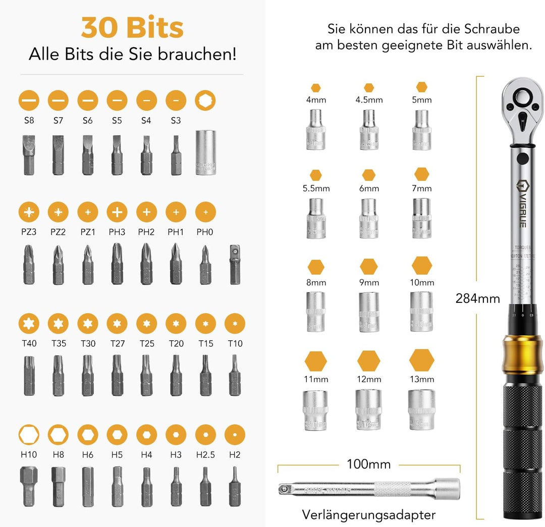 Drehmomentschlüssel Fahrrad,VIGRUE 1/4 Zoll Drehmomentschlüssel 5-25 Nm ±4% Fehlergenauigkeit mit Ve