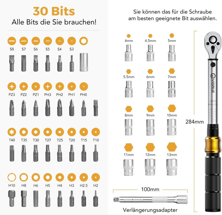 Drehmomentschlüssel Fahrrad,VIGRUE 1/4 Zoll Drehmomentschlüssel 5-25 Nm ±4% Fehlergenauigkeit mit Ve