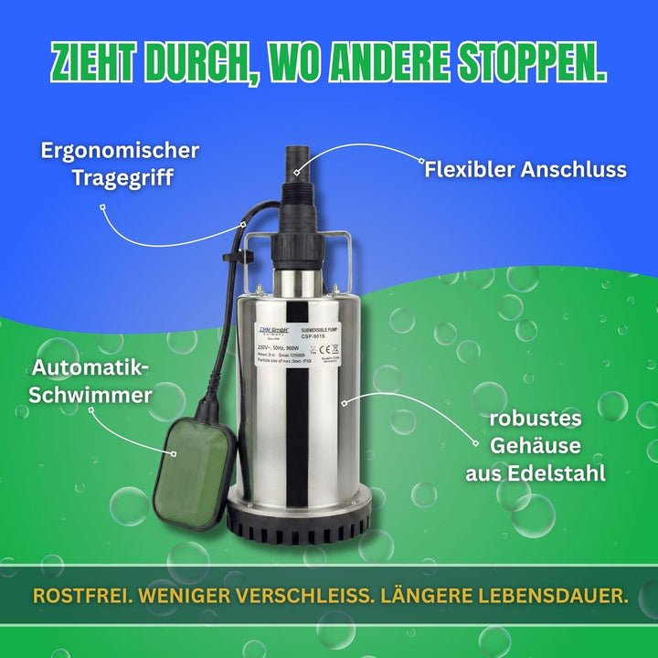 Flachsaugpumpe Edelstahl 900 Watt Kellerpumpe, Tauchpumpe, Poolpumpe