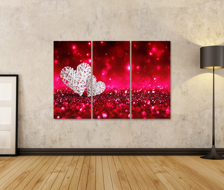 islandburner, Bild auf Leinwand Zwei Weidenherzen auf rotem, funkelndem Glitzer Wandbild Poster Lein
