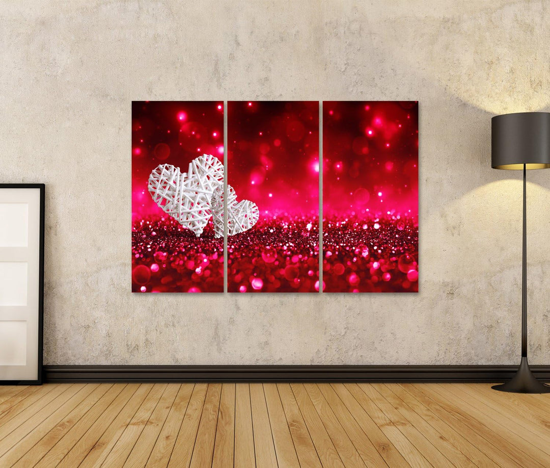 islandburner, Bild auf Leinwand Zwei Weidenherzen auf rotem, funkelndem Glitzer Wandbild Poster Lein