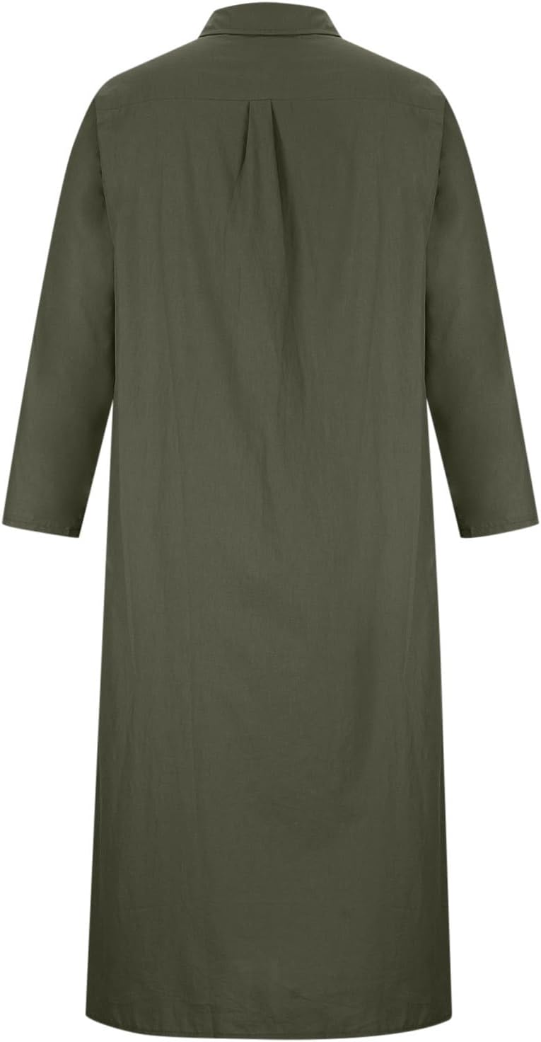 Baumwollkleider Damen Lang Sommerkleidung Leinen Shirt-Kleid Boho Grosse Grössen mit Taschen Langarm