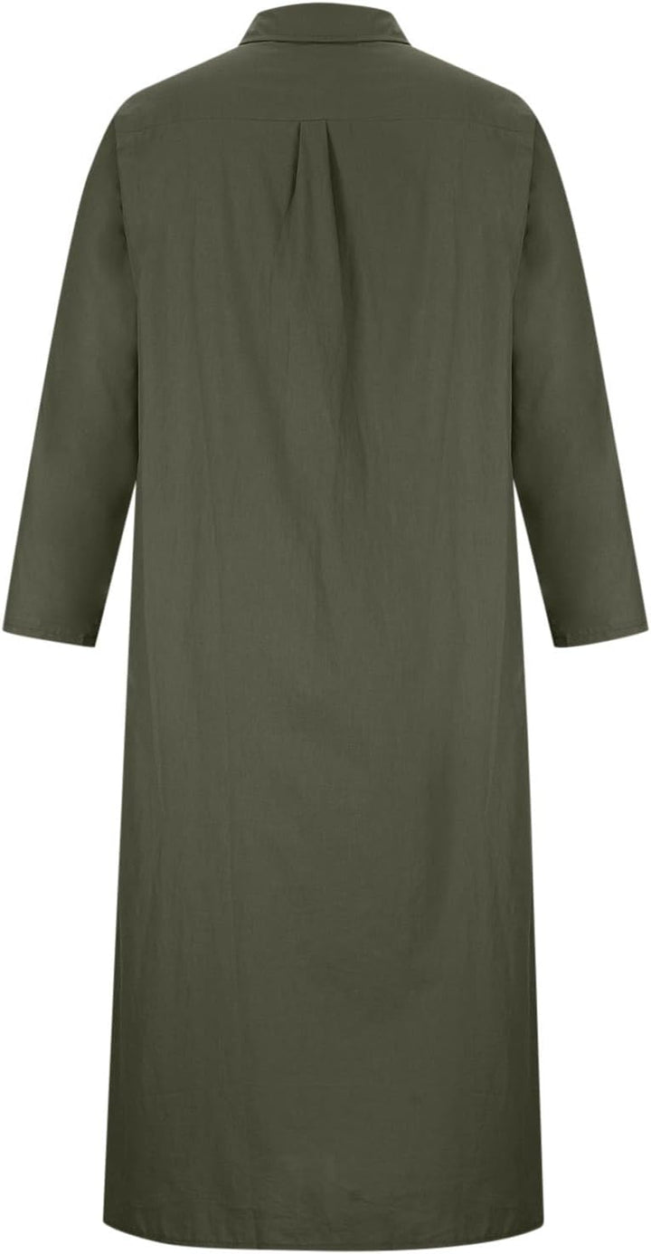 Baumwollkleider Damen Lang Sommerkleidung Leinen Shirt-Kleid Boho Grosse Grössen mit Taschen Langarm