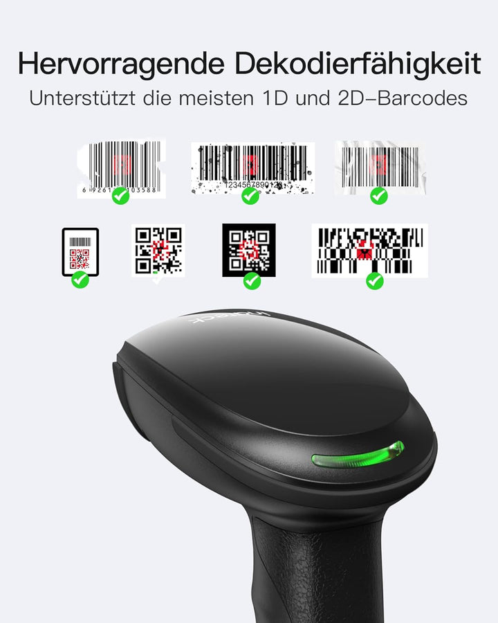 Inateck Barcode Scanner Kabellos, 1D 2D QR Code Scanner, BCST-23 Dunkelgrau | 3-in-1 mit Bluetooth,