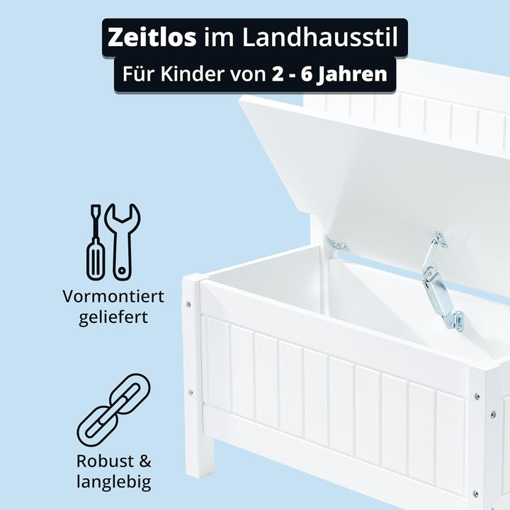 KHG Kinderbank weiss Landhaus für Kinderzimmer, Pflegeleichte Oberfläche, robust Truhenbank, kindger