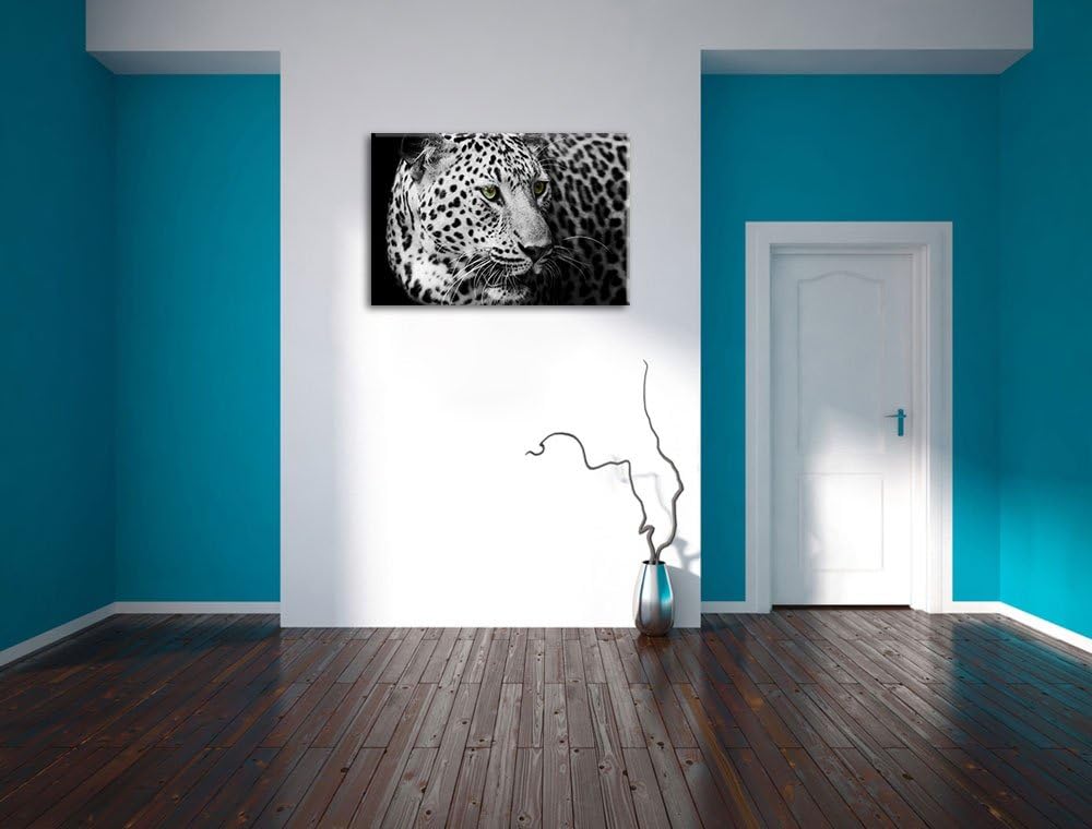 Dark Leopard mit grünen Augen schwarz/weiss Format: 100x70 auf Leinwand, XXL riesige Bilder fertig g