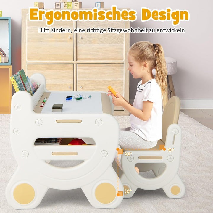 FANTASK Kinder Sitzgruppe mit höhen- und neigungsverstellbarer Tischplatte, Tisch mit Hocker, zum Ze