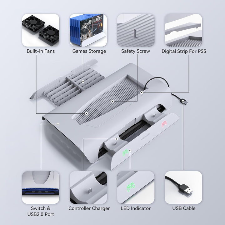 KIWIHOME Vertikale Kühlung RGB, 3-stufiger Lüfter, Ladestation für Dual-Controller, 10 Spielplätze,