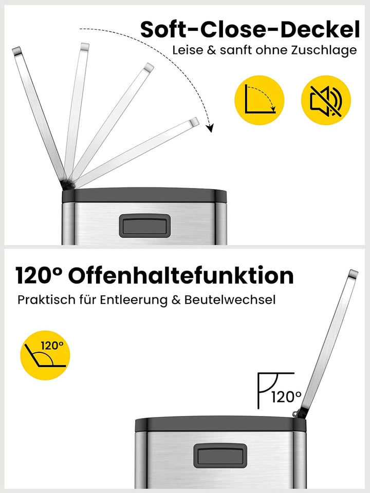 YEAUPE PRO Mülleimer Küche 3 x18L Edelstahl, 3 Fach Treteimer 54L Mülltrennungssystem, Abfalleimer m