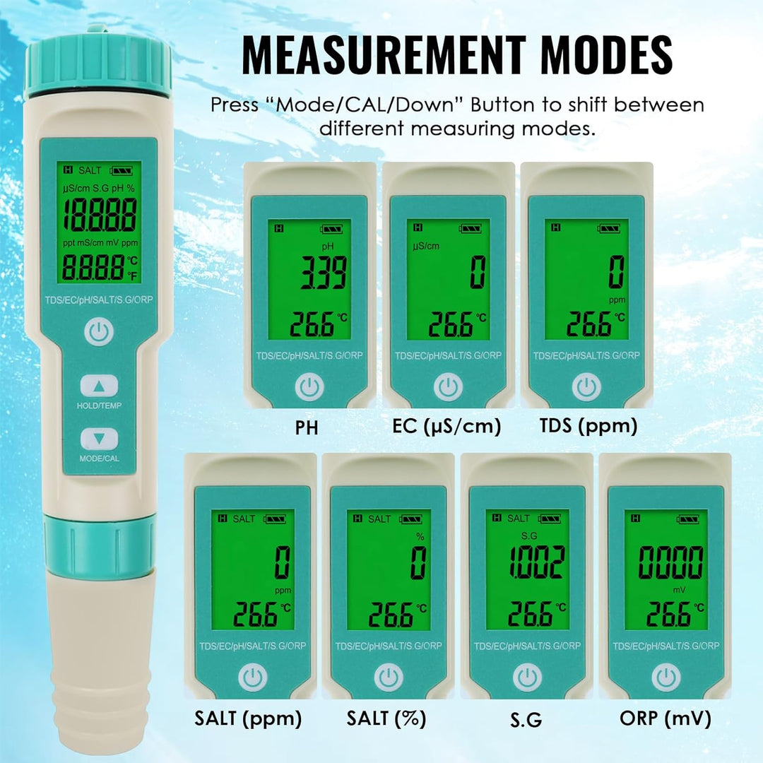 pH-Meter für Wasser: Digitaler 7-in-1-Wassertester mit pH-, TDS-, EC-, ORP-, Salz-, S.G- und Tempera
