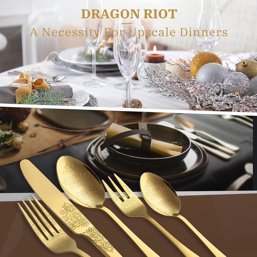 DRAGON RIOT Gold Besteck Set 20-Teilig, Edelstahl Besteckset für 4 Personen, Essbesteck Set mit Mess