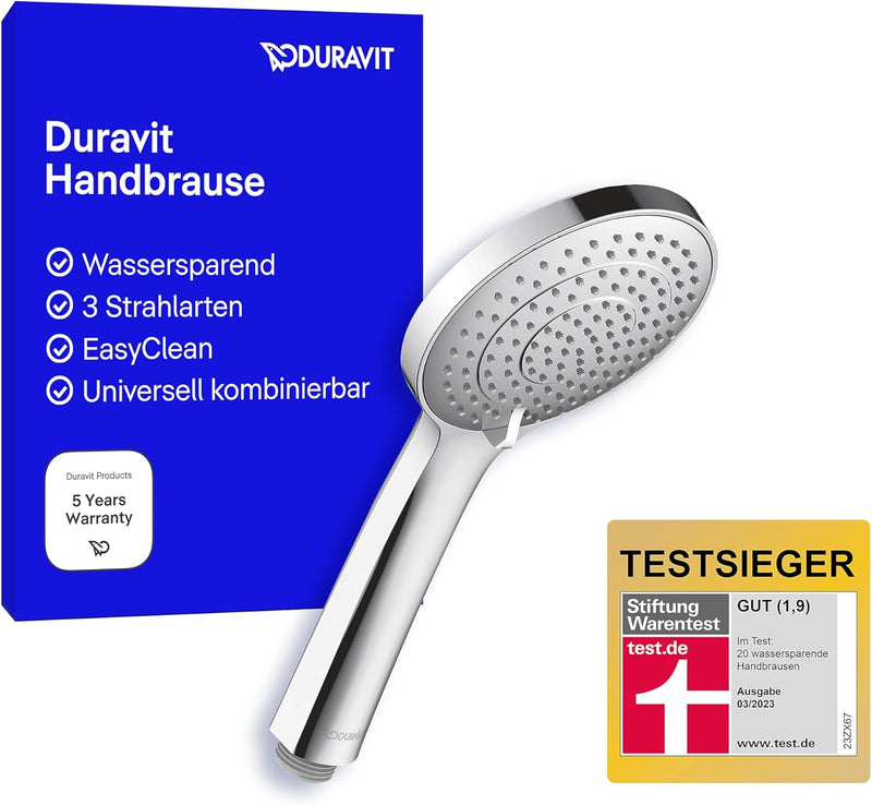 Duravit Universal Duschkopf, Duschbrause mit 3 Strahlarten (Rain, Intense Rain, Soft Rain), Handbrau