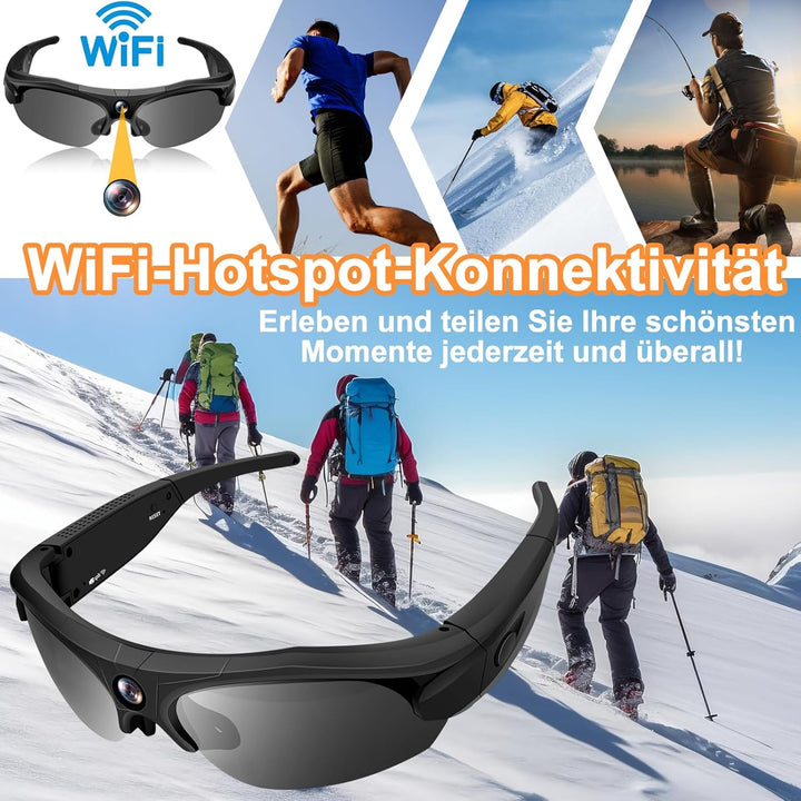 Action-Cam, WiFi 4K & 120° Weitwinkel Brille mit Kamera, Polarisierte Objektive & 100-Min Batterie &