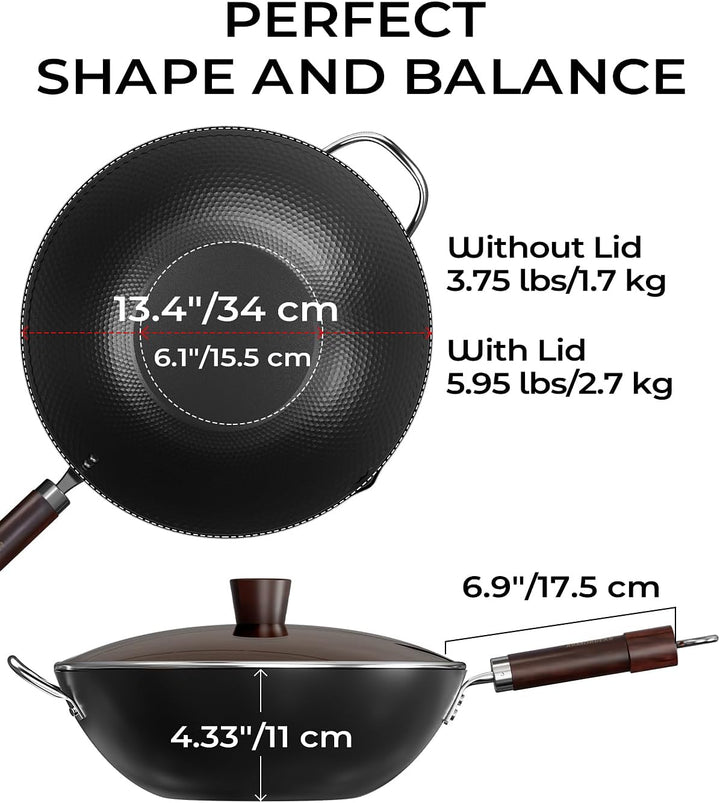 34 cm Wokpfanne aus Karbonstahl, Tripol-Nitrierte, vorgebrannte Woks mit flachem Boden, antihaftbesc