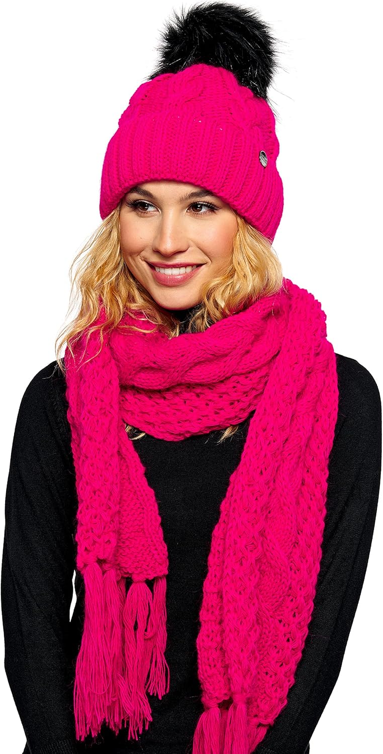 ELIMELI® Winter Mütze Damenmütze mit Fell-Bommel Fleece Innenfutter gefüttert - warme Damen Bommelmü