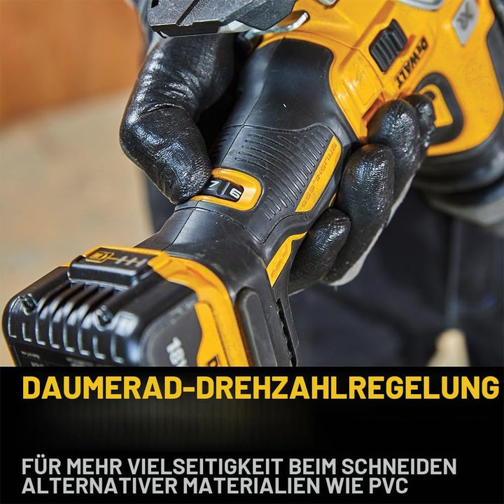 Dewalt 18V Akku-Pendelhubstichsäge DCS335NT (bürstenlos, verstellbarer Alu-Druckguss-Sägeschuh, 3-fa
