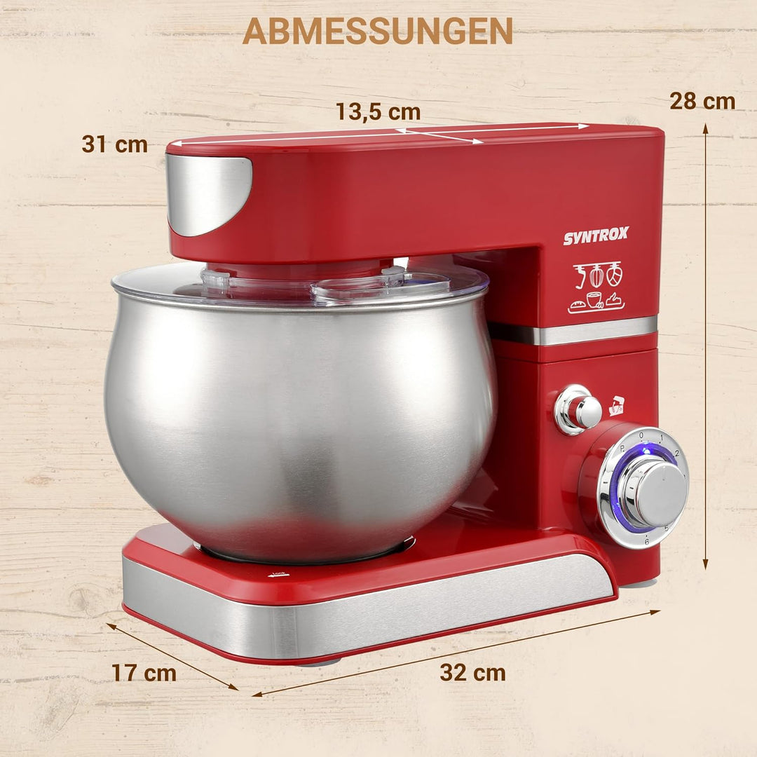 Syntrox Küchenmaschine & Knetmaschine Rot Basic 5 Liter, Stabile rutschfeste Gummifüsse, Hochwertige