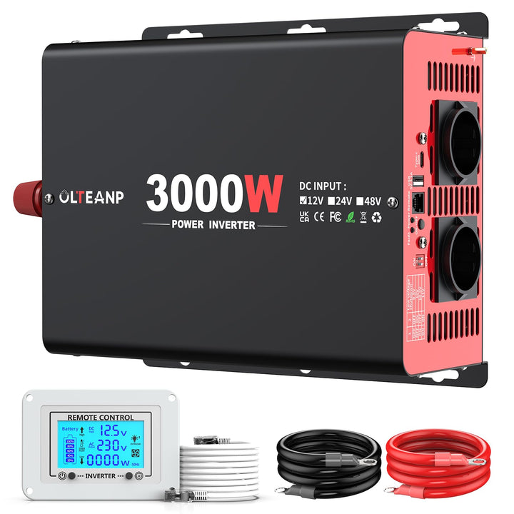 3000W Wechselrichter 12V auf 230V Modifizierter Sinus Wechselrichter mit 2 AC Ausgängen, 30W Type-C