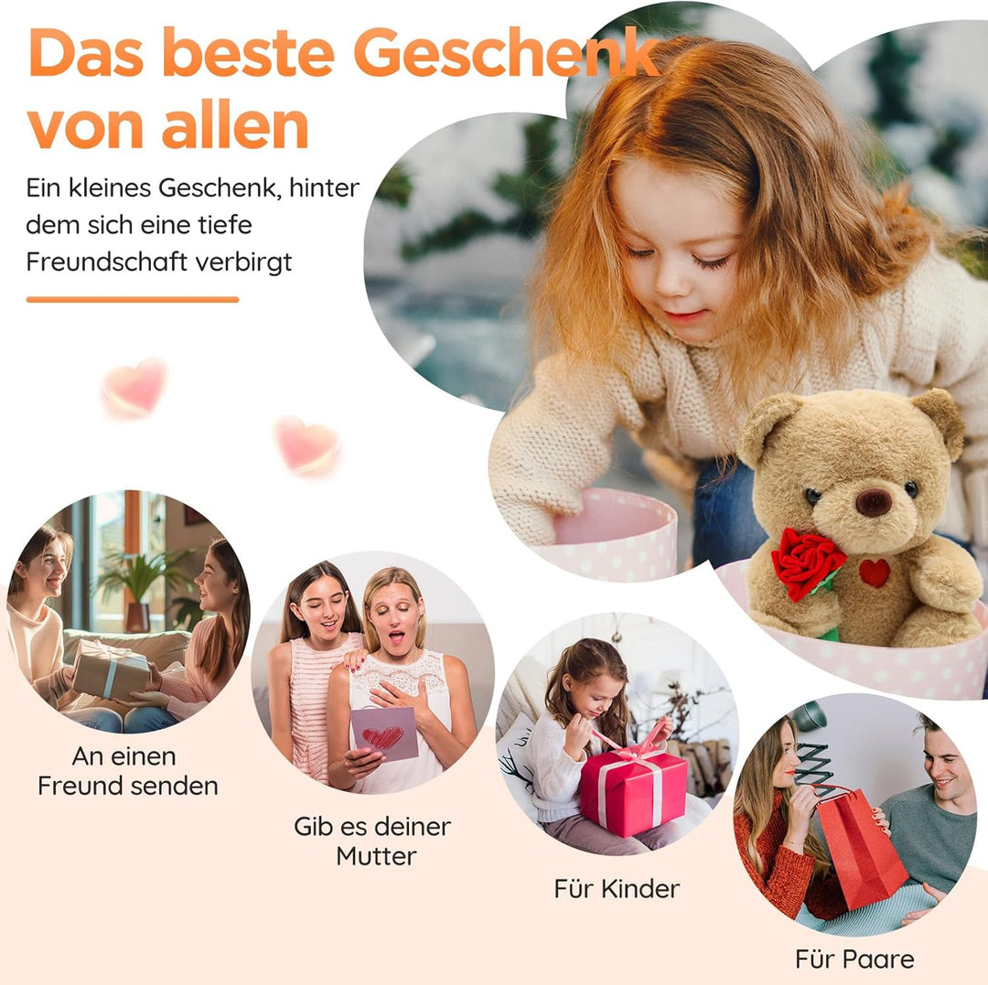 Teddybär, Teddy mit Rose 25cm, Plüsch-Bär Teddy Kuscheltier, Muttertagsgeschenke für Mama, Süsser St