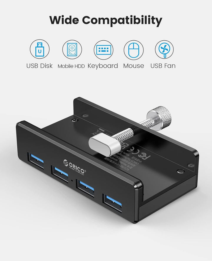 ORICO USB Hub Clip-Typ, 4 Port USB 3.0 Hub 5 Gbps Super Speed Mini Aluminum Datenhub Mit 150cm Kabel