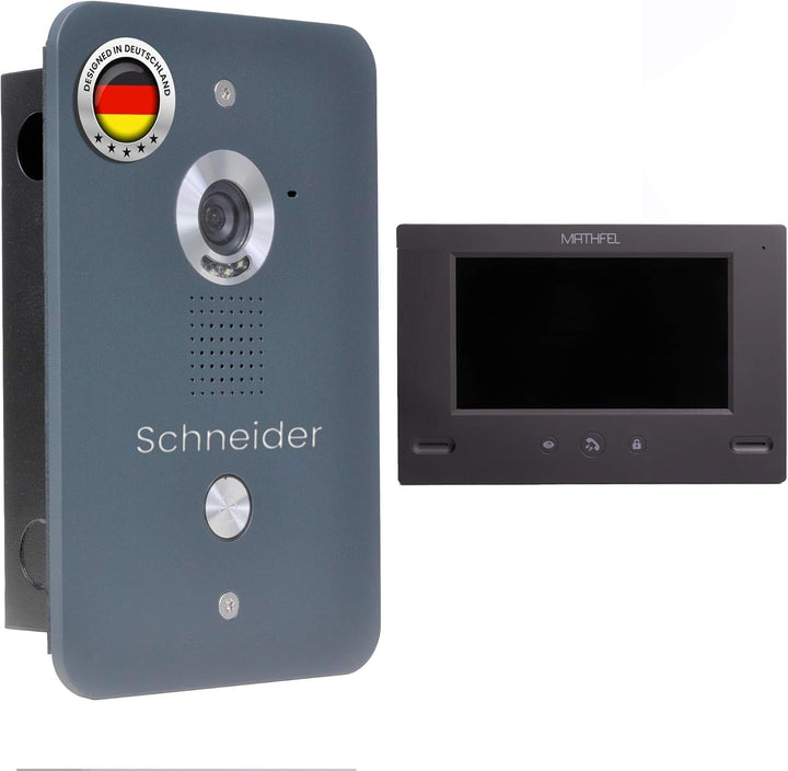 Mathfel Video Türsprechanlage mit Kamera und Türöffner, 7'' Farbmonitor, 4-Draht-Technik - Türklinge