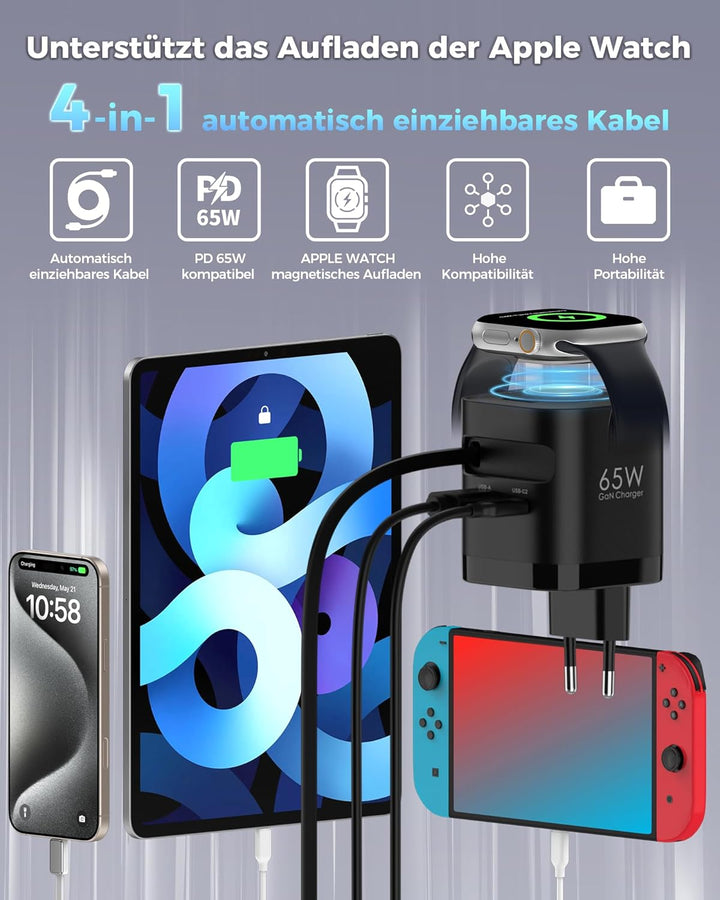 Einziehbares 65W USB C ladegerät mit Kabeln für Apple Watch, 4-Port GaN USB C Ladegerät Netzteil mit