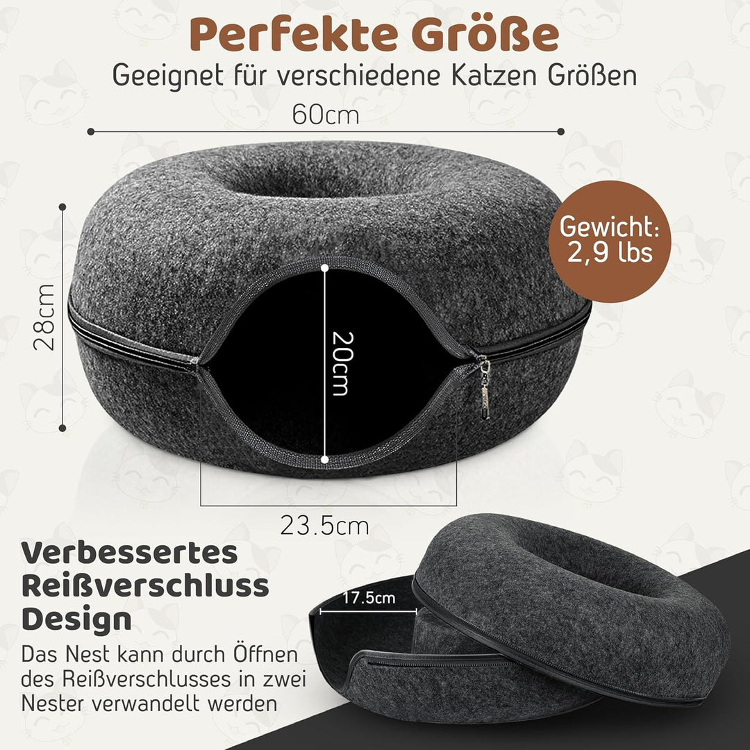 PAWSAGE® Katzentunnel Filz, XL Katzenhöhle aus Filz, Katzendonut, Katzen Filzhöhle 60 * 60 * 28, Kat