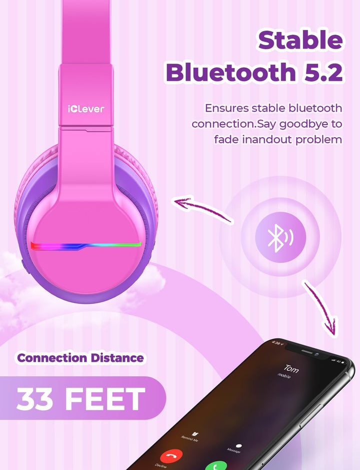iClever Bluetooth Kinder Kopfhörer, Farbige LED-Leuchten, Kinderkopfhörer Over-Ear mit 74/85/94dB La