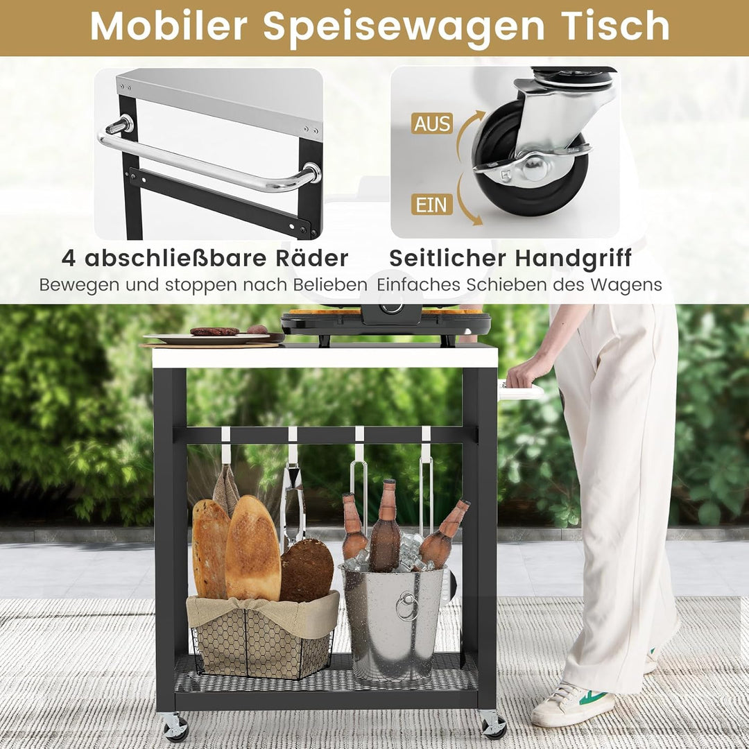 GOPLUS Grillwagen, BBQ Beistellwagen mit Edelstahl-Tischplatte, 2 Ebenen & Haken, Grilltisch mit Rol