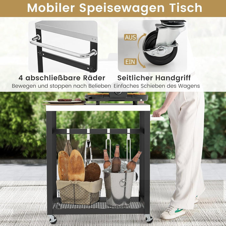 GOPLUS Grillwagen, BBQ Beistellwagen mit Edelstahl-Tischplatte, 2 Ebenen & Haken, Grilltisch mit Rol