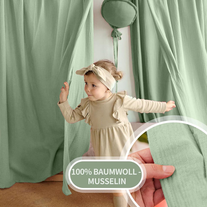 Hausbett Himmel Deko Set, Betthimmel Hausbett aus Musselin - 2 Betthimmel & 1 Wimpelkette, für Junge