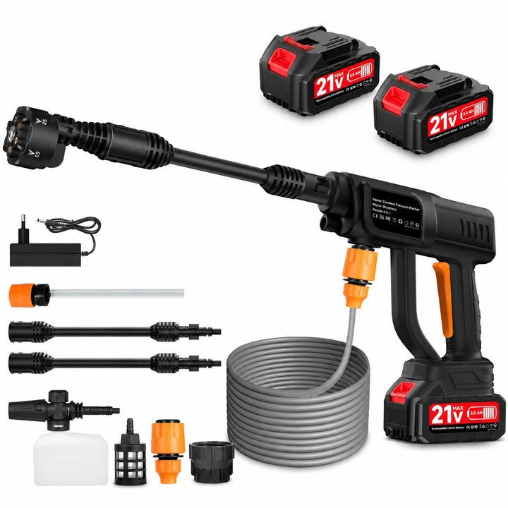 Akku Hochdruckreiniger 21V, 120 Bar Mobiler Druckreiniger mit 2 x 3,0Ah Akku, Bürstenloser Motor, 6-